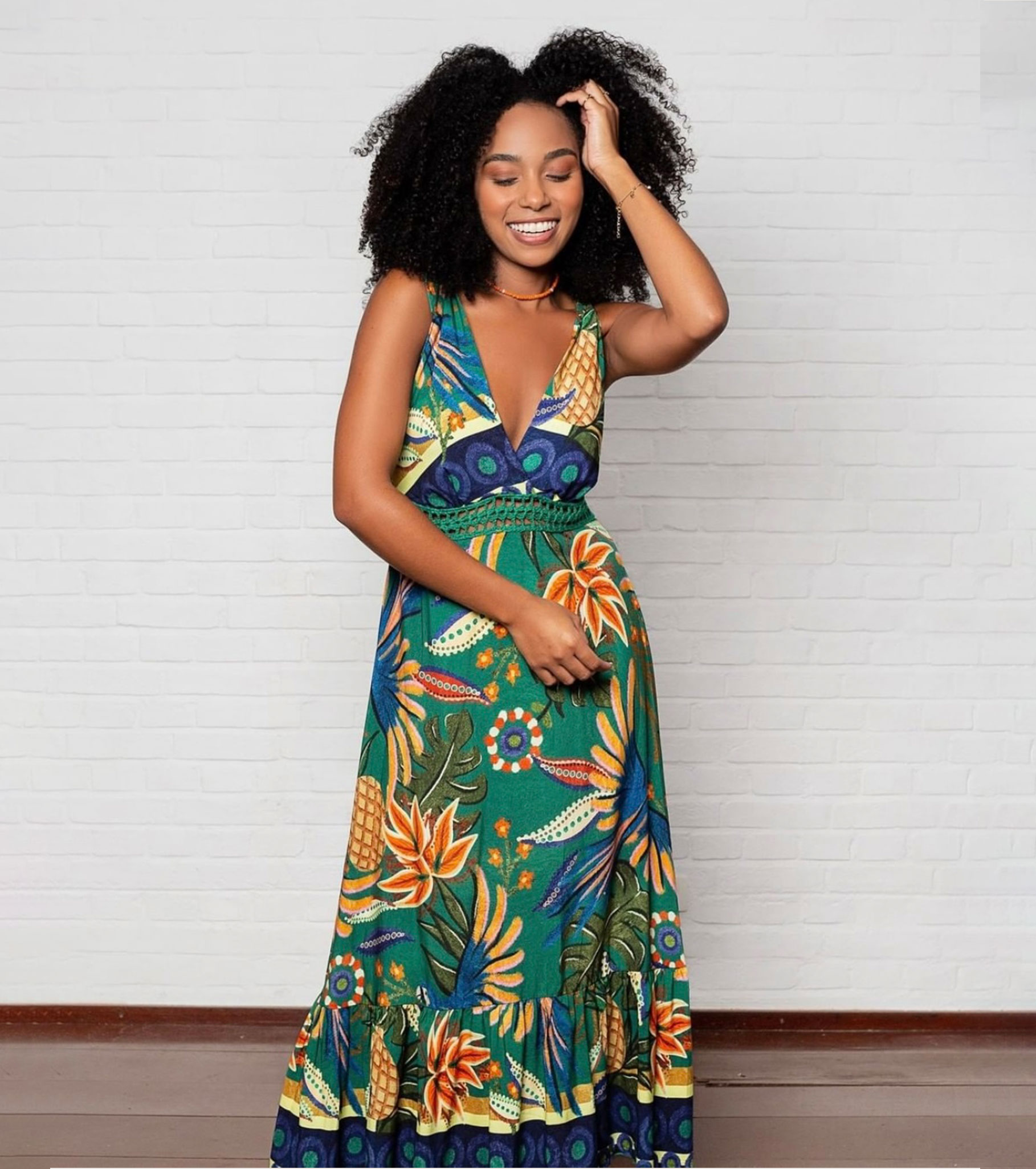 Green Macaw and pineapple maxi dress